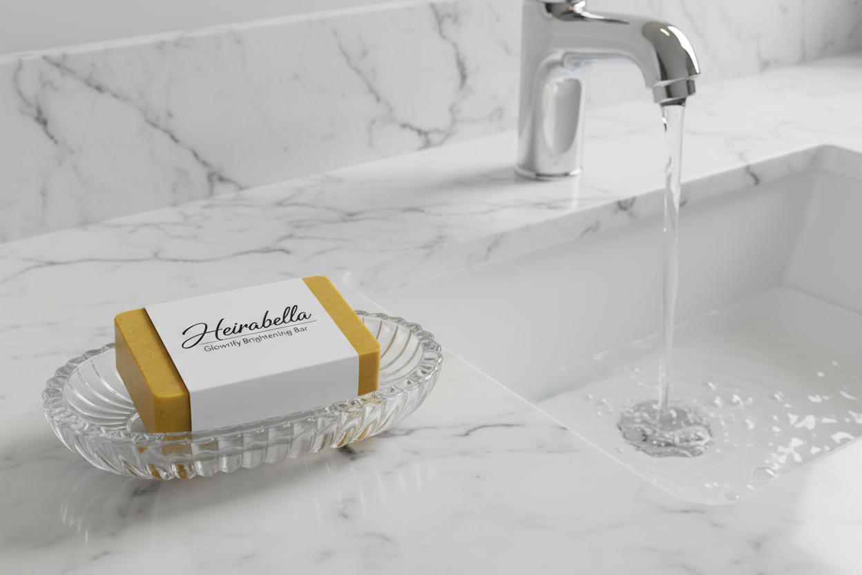 Create a hi definition high realistic image of white marble bath room counter with a glass soap dish holding a rectangular golden yellow tumeric  facial bar , The facial bar is wrapped with a white label , On the label the following words are centered "Heirabella underneath the word center "Glowrify Brightening Bar" , Nest to the soap is the sink basin with running water flowing from the chrome silver faucet