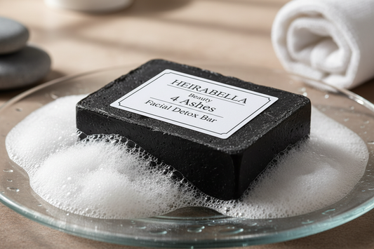 Create a high definition image of a rectangle charcoal facial bar on a glass plate surrounded by suds and bubbles. On he charcoal facial bar features a white label with the words" HEIRABELLA Beauty 4 Ashes Facial Detox bar .