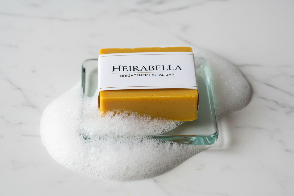 Create a high definition realistic golden yellow rectangle tumeric facial soap bar. The bar is wrapped with white label featuring the words HEIRABELLA   at the top of the label, underneath feature the words BRIGHTNER FACIAL BAR ,  the soap is laid on square glass soap dish set upon a white marble counter top. Soap suds surround the soap 